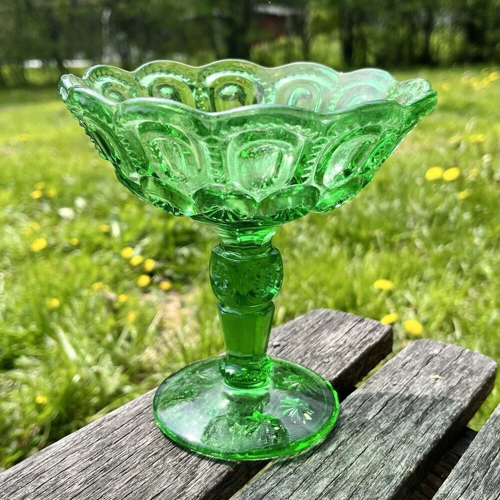 Vintage Fenton LG Wright Moon and Stars Green Glass 5.75" Open Jelly Compote